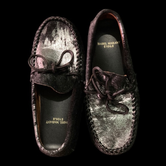 Isabel Marant Fell Pony Hair Black Silver Metallic Moccasin Loafer - Picture 4 of 15